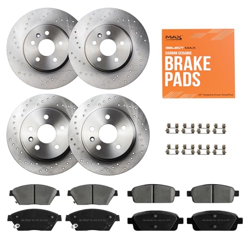 Image of Max Advanced Brakes Front & Rear Brake Kit Compatible With 2013-2015 2016 2017 Chevy Trax Compatible With Buick Encore Replacement Cross Drilled Disc Brake Rotors and Ceramic Brake Pads