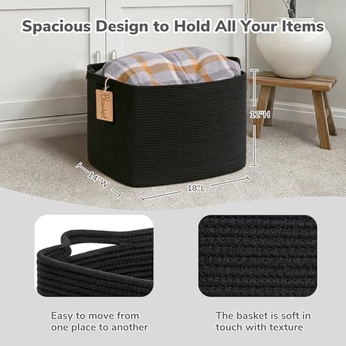 Image of Goodpick 50L Large Woven Rope Storage Basket with Handles, Black | 18 inch x 14 inch x 12 inch Stylish Gift Basket for Living Room & Nursery Organization, Fits Blankets, Toys & Home Essentials Storage