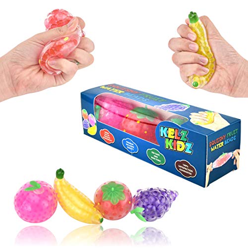 KELZ KIDZ Play Fruit Toys Set - Water Bead Stress and Squeeze Toy - Toy Kitchen Accessories (4 Pack)