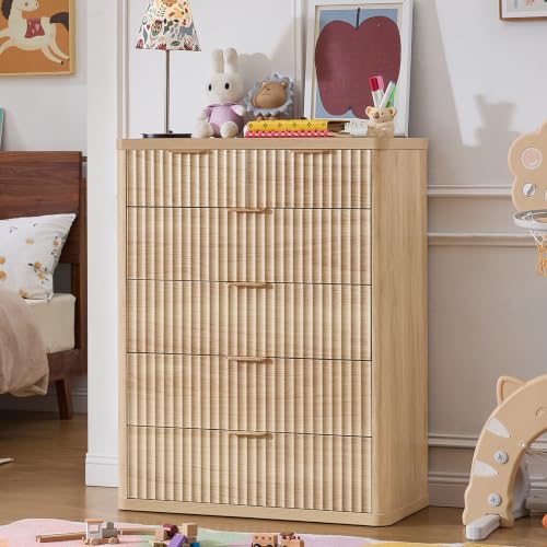 Image of LEYAOYAO Fluted 6 Drawers Dresser for Bedroom Set of 2, 42 inch Tall Modern Chest of Drawers with Metal Handle, Curved Profile Design,Wood Drawer Organizer for Bedroom,Living Room,Hallway,Natural