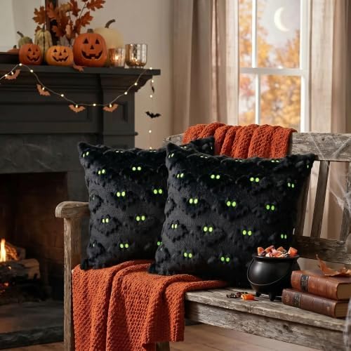 DANGEAB Halloween Decorations Bat Pillow Covers 20x20 Set of 2(Black2) - 5