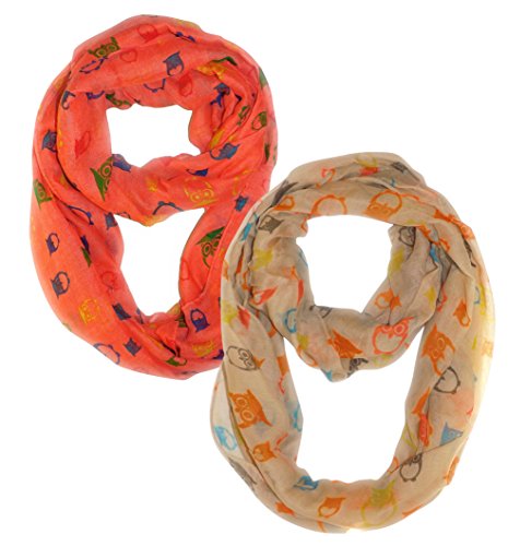Peach Couture Beautiful Vintage Owl Print Infinity Loop Scarf in 2 pack (Coral and Tan)