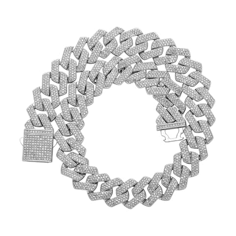 JINAO 20MM Cuban Link Chain Mens Iced Out Miami Cuban Necklace 14K Gold Plated Cubic Zirconia Hip Hop Jewelry for Men and Women (Silver,22) Cover