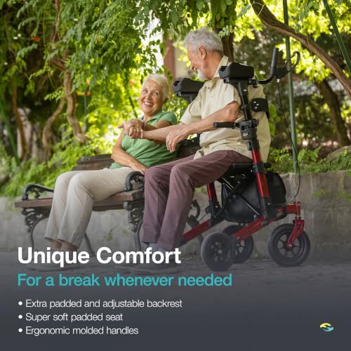 Image of Helavo Upright Walker with Seat, Foldable Stand Up Walker with Rubber Tires