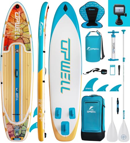 UPWELL Premium Stand Up Paddling Board Aufblasbar, SUP Board Set mit Sitz und Kamerahalterung, 204kg Tragkraft für 2 Personen, Komplettes Zubehör inkl. Verstellbarem Paddel für Anfänger, Wing