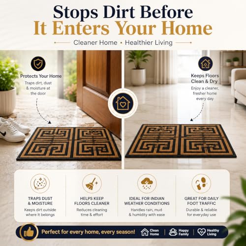 Image of Matz&More Greek Symmetric Key Floor Mat | 40x60 CM | Gold Black | Nylon Tufted Gel Baking Anti-Slip | Doormat for Home Entrance, Kitchen & Bedroom