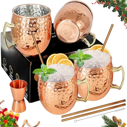 Moscow Mule Kupferbecher-Set mit 4 Premium Moscow Mule Becher 54cl/540ml 4 Stück Becher aus verkupfertem Edelstahl Großartig für Cocktail Gekühlte Getränk mit 1/0.5oz Double Jigger Löffel Strohhalme