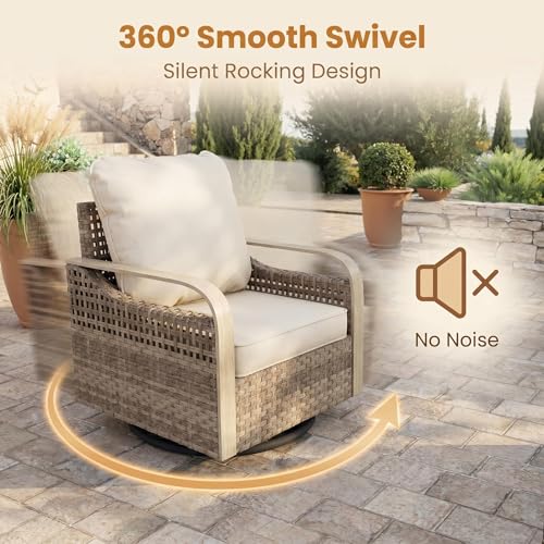 Image of UDPATIO Patio Furniture Set with Rocking Swivel Chairs, Faux Wood Grain Modern Outdoor Sectional Furniture, Rattan Patio Conversation Sets W /Ottoman for Deck, Yard, and Poolside, 8 PC Beige