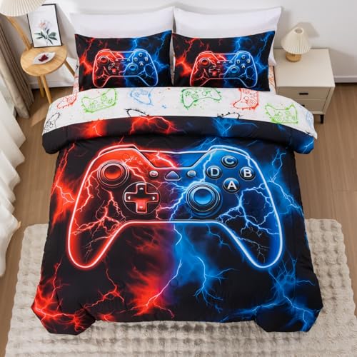 Meeting Story Gaming Bedding Set for Boys, 3D Game Controller Design with Lightning Background, Twin Gamer Bed Set, 5 Pieces Polyester Fiber Comforter Set Suitable for All Seasons(RedBlue)