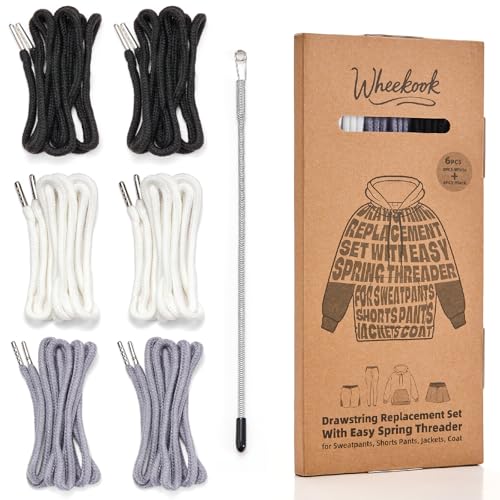 Easy Drawstring Pants Threader with 6 Replacements Draw Strings for Men & Women, 57 Inch Drawstring Cord for Shorts, Pants, Sweatpants, and Hoodies Repairing (Each 2 for Grey, White, Black Strings)