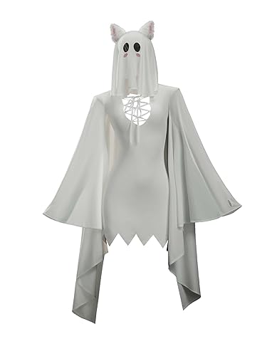 Mobbunny Women Halloween Costume Sexy Ghost Lingerie Hooded Irregular Dress with Stockings and Ears - Medium