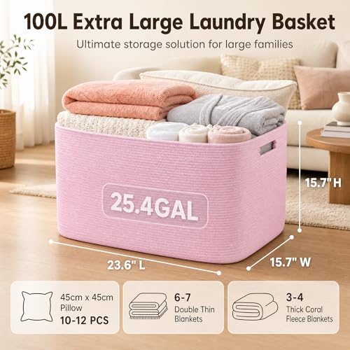Image of Cotton Rope Laundry Basket Extra Large, 25.4GAL Collapsible Woven Storage Baskets for Living Room Kids Toys Stuffed Animal,Boho Rectangular Decorative Hamper for Dirty Clothes, Blankets Light Pink