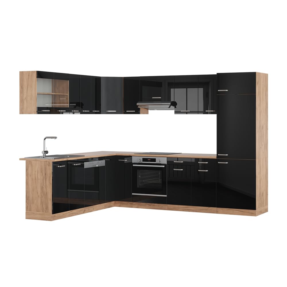 Vicco Cuisine en Angle R-Line, Noir Brillant/Chêne doré, 287 x 227 cm | 12 Modules · Pieds réglables en hauteur · Sans plan de travail · Façades robustes · Avec armoire pour réfrigérateur