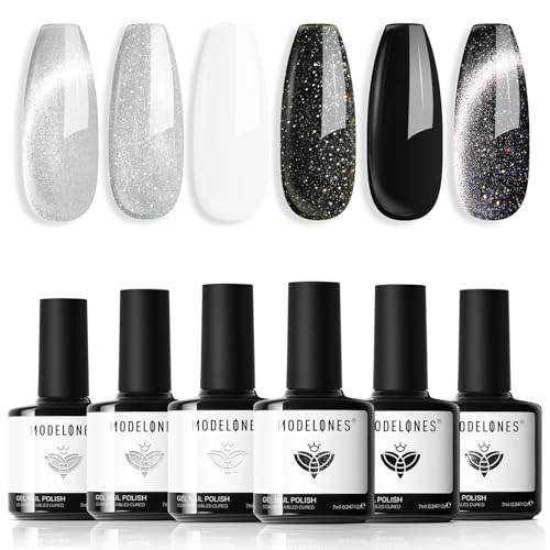 modelones Gel Nail Polish Set, 6 Colors Cat Eye Black White Gray Silver Glitter Shimmer Gel Polish Kit with Magnet Sparkle Galaxy Series Soak Off Nail Art Manicure Home Gift for Women Girl