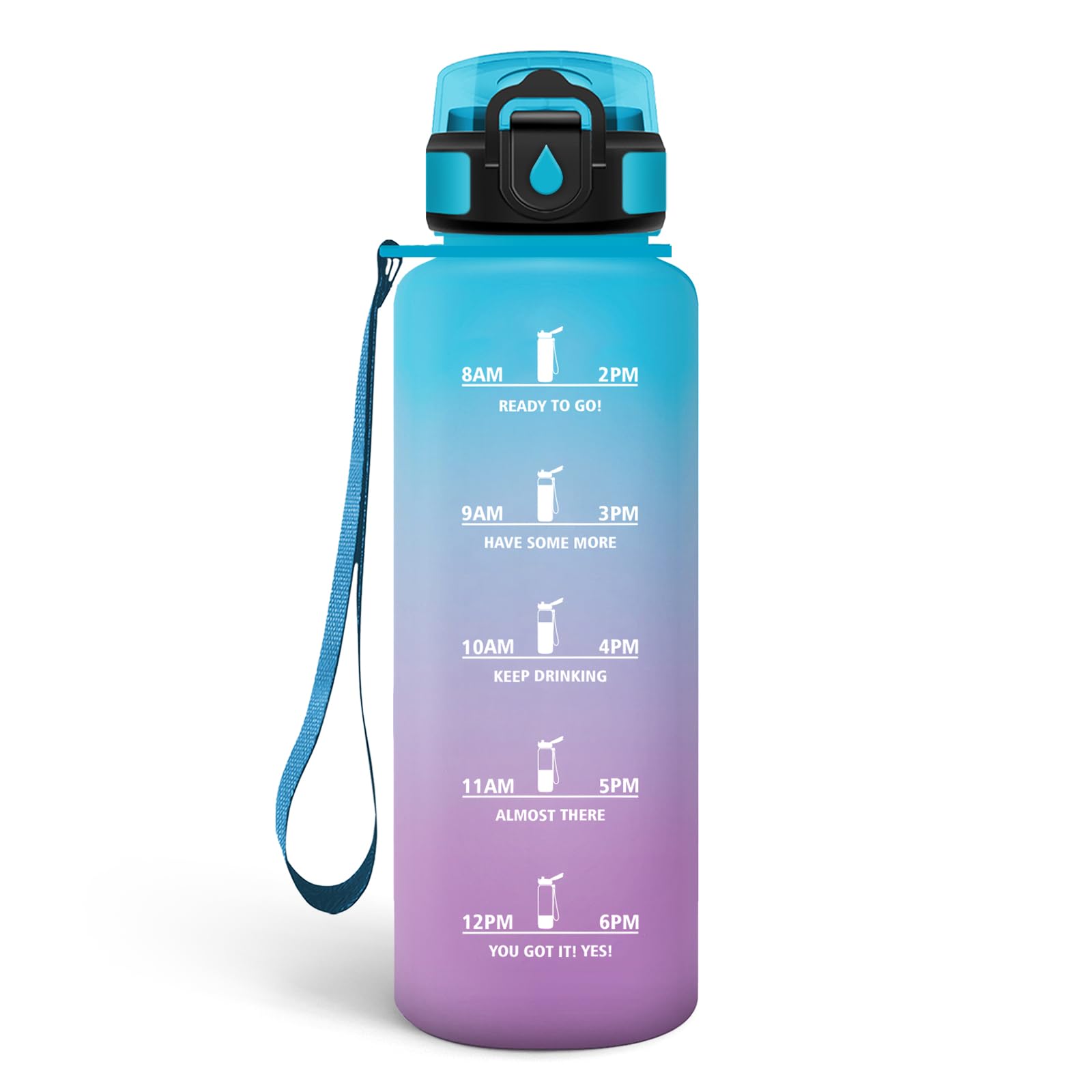 Motswedi Drinking Bottle 1500 ml, Leak-Proof, BPA-Free, Motivational with Time Marking, Drinking Bottle with Straw, Blue & Purple