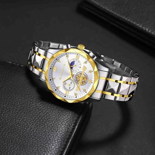 Image of Giordano Chronograph Analog Quartz Watch for Men with Round Dial, Multifunction Subdials, Sun Moon Display, Crystal Hour Markers, Roman Numerals, Stainless Steel Strap - GZ-50236