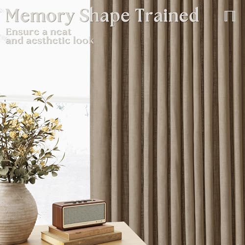 Image of 100 Inch Linen Light Brown Pleated Curtains 2 Panels Set for Living Room Bedroom Farmhouse Linen Blend Back Tab Memory Shape Trained Pinch Pleat Window Curtain Latte 100 Inch Length for Office Home