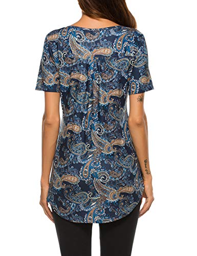 Halife Womens Plus Size Floral Blouses Henley V Neck Button Up Tunic Tops Pleated Flowy Short Sleeve T Shirts 2Xl Blue #TOP4