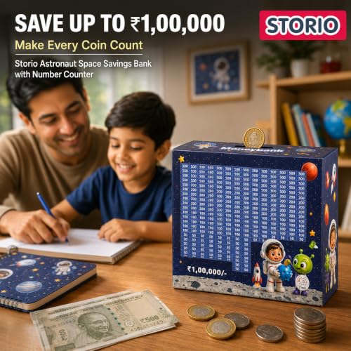 Image of Storio Astronaut Space Rs 100000 Savings Wooden Piggy Bank with Counter for Kids & Adults, Money Saving Box, Wooden Coin Bank with Number Counter, Cash Savings Bank, Coin Collection Box