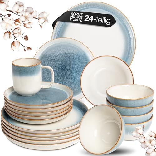 Moritz & Moritz TARENTO 24-tlg. Geschirrset 6 Personen Blau - Elegantes Teller Set aus hochwertigem Steinzeug - Geschirr Set aus 6x Dinnerteller, 6x Dessertteller, 6x Suppenteller und 6x Tassen