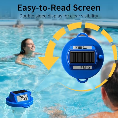 Image of Pool Thermometer Floating, Digital Swimming Pool Thermometer, IPX8 Waterproof with Double Sided Display for Pond, Hot Tub, Aquarium (Solar Powered, Dark Blue)