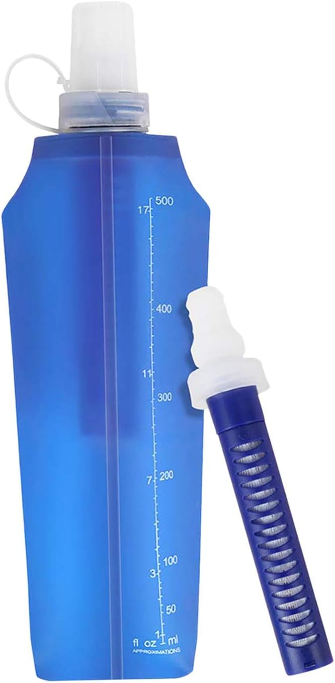 500ML Foldable Filtered Water Bottle | Portable Water Bag for Camping | Survival Purification Straw | Weight Hiking Travel Filter Container