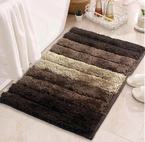Image of GAVI Bathroom Mats Anti Slip - Soft Plush Microfiber Bath Rug with Striped Design | Quick Dry, Water Absorbent & Non-Slip Door Mat | Machine Washable Floor Mats for House & Washroom | 60 * 40 cm