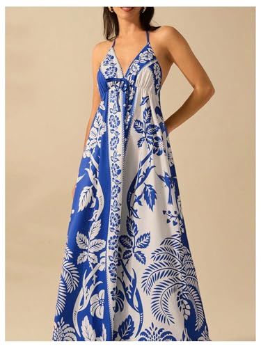 Image of SHENHE Women's Summer Tropical Floral Halter Maxi Dress Open Back Empire Waist Flowy Boho Dress