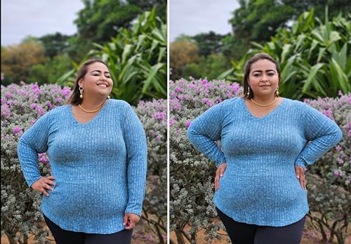 Image of RITERA Plus Size Sweater, Ribbed Long Sleeve Solid Top for Women | Soft vertical ribbed knit, modest V neck, loose long sleeves, curved swing hem, slimming casual layering top for curvy women
