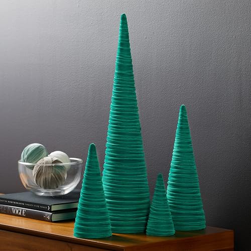Image of Your Heart's Content Velvet Trees Set of 4 Green, Elegant Mantel Accent, Winter Wedding Centerpiece, Valentine Accent, Elegant Entry, Cozy Gift for (Green)