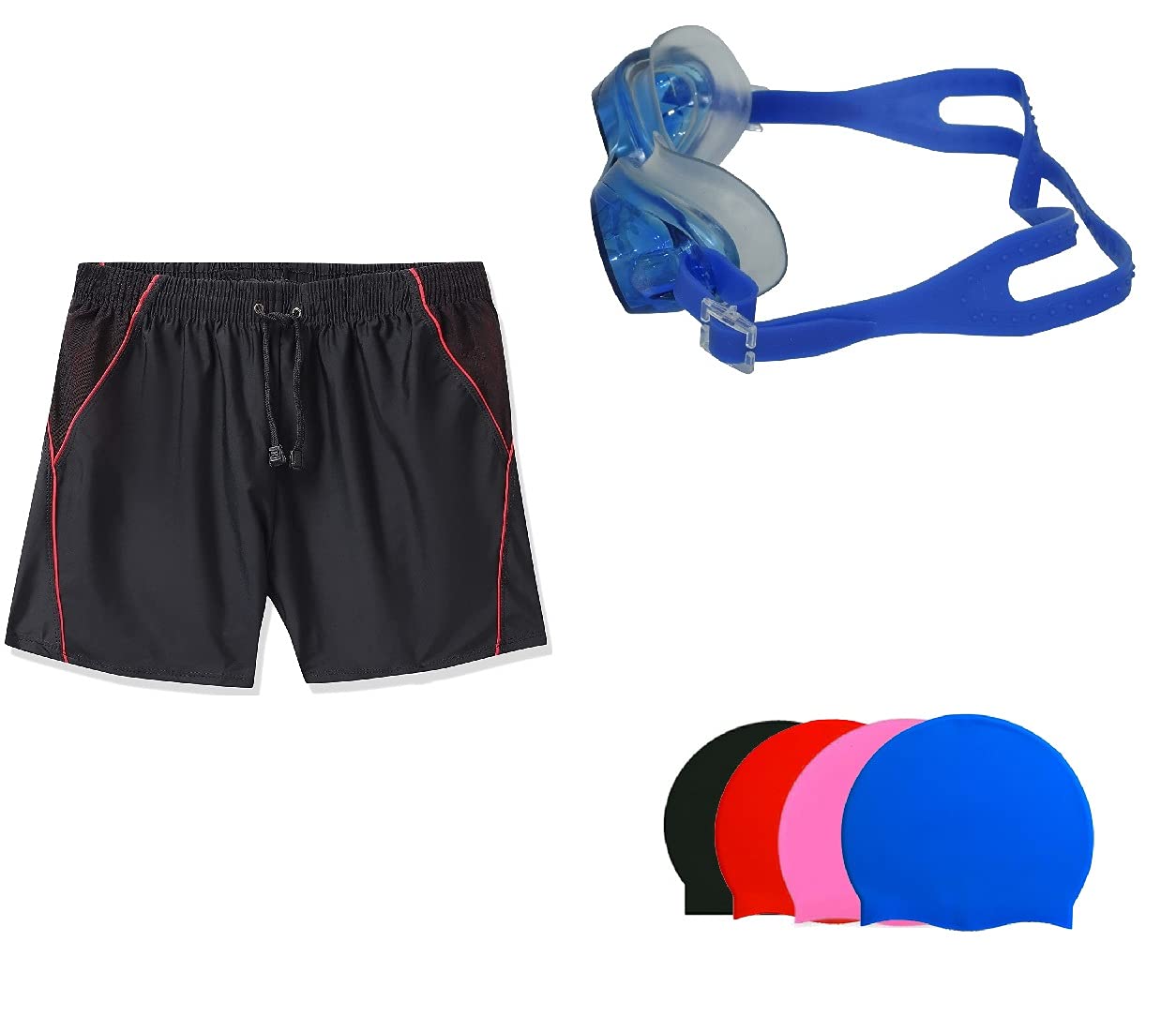 SWIMMING SHORTS V-216 BLACK RED PIPING SIZE 3XL WITH GOGGLES SILICON JOINTLESS WITH BOX BLUE AND 100% SILICONE SWIMMING CAP PLAIN RED-image-7