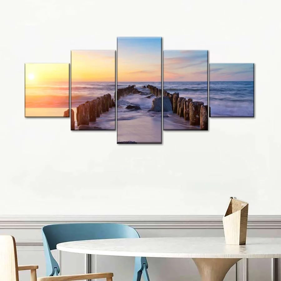 Tableau 5 pièces impression sur toile vieille jetée sunset beach pour salon