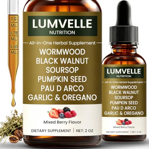 LUMVELLE Wild Harvested Wormwood Drops | Lumvelle Parasite Cleanse with Black Walnut, Soursop Leaf, Pumpkin Seed, PAU D' Arco | Gentle Gut Cleanse & Digestive Health - 2 OZ (1PCS)