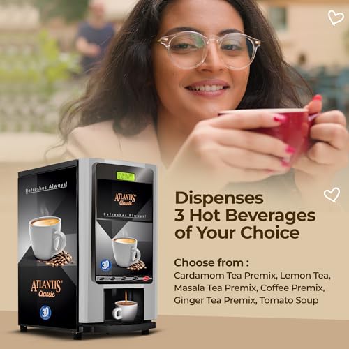 Image of ATLANTIS Classic 3 Lane Tea /Coffee Vending Machine - 3 Liters Hot Tank | Premix Based Instant Hot Beverage Dispenser