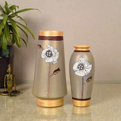 Image of Aakriti Art Creations Golden Hour Terracotta Decorative Vases Set of 2 | Handmade Multicolor Matte Finish Floral Art Flower Vases for Living Room, Room Decor, Showpieces for Home Decor Living Rooms