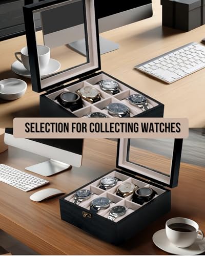 Image of Watch Box, Watch Case for Men Women with Large Glass Lid, Wooden Watch Display Storage Box with 6 - Slots, Charcoal Black 6x2 Mens Watch Box Organizer