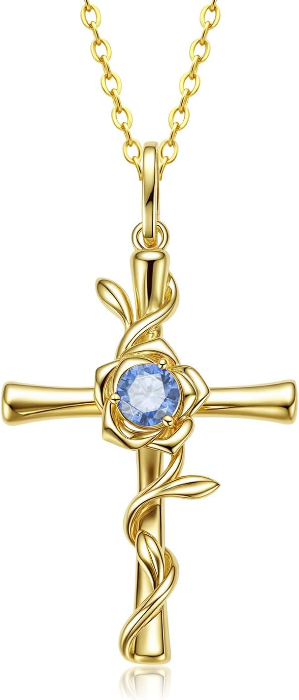 Christian Catholic Easter Gift for Women, 14K Gold Plated Cross Birthstone Pendant Necklace 925 Silver Faith Religious Jewelry, Birthday Baptism Confirmation Gift for Teens Wife Girlfriend Mom