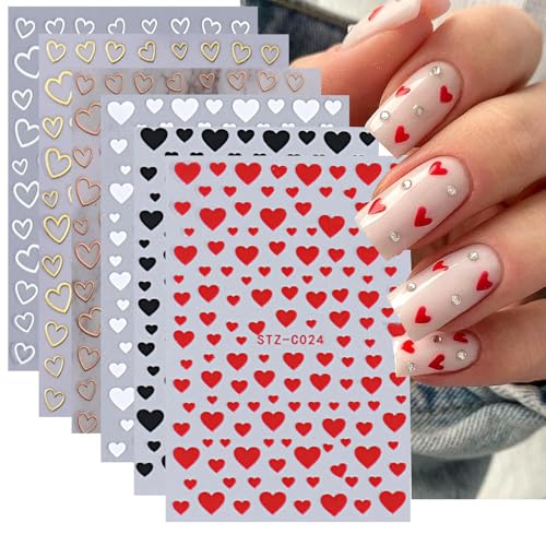 6PCS Valentines Day Heart Nail Stickers - Love Art Supplies 3D Self-Adhesive Decals Black Red White Gold Design DIY Manicure Decor for Women