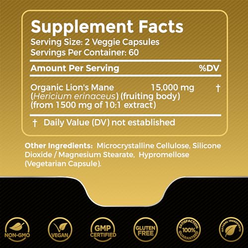 Lions Mane Supplement Capsules - 120 Count - Mushroom Supplement, Brain Supplements for Memory and Focus, Lion's Mane Mushroom Capsules Organic - Cognitive and Immune Support, Focus Supplement