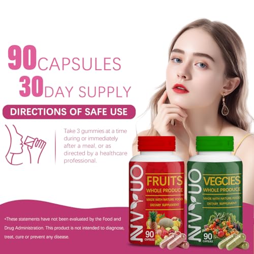 Image of Fruits & Veggies Capsules - 90 Fruit and 90 Veggie Whole Food Supplement - Supports Energy Levels, High Lycopene, Vitamins & Minerals