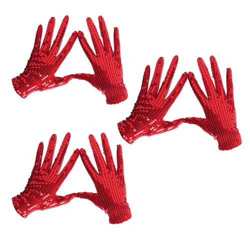 Ismeally 3Pairs Sparkling Sequin Glove Silver Glitter Glove Sequin Dance Glove for Party Ice Skating Dance Costume Dress Up (Red)