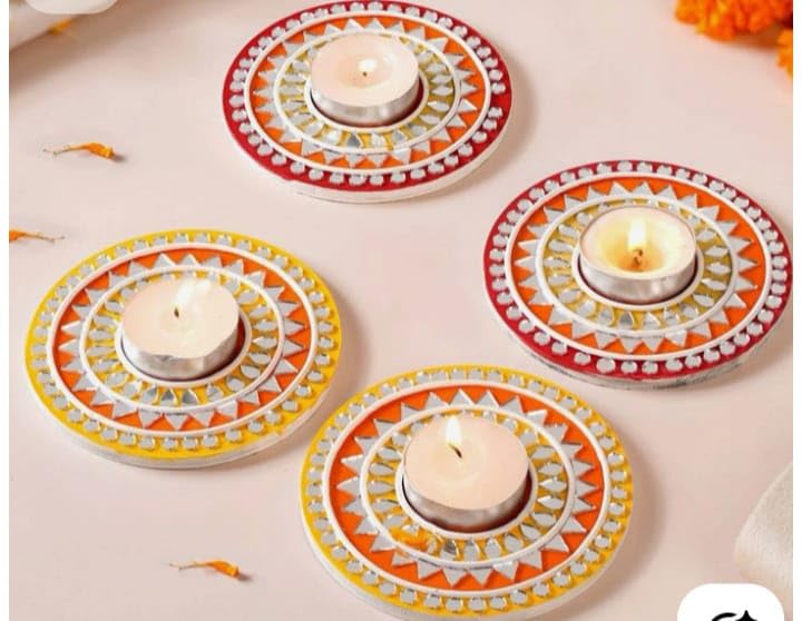Handmade Lippan Art Tealight Holder, Mud Mirror Work Candle Holder, Decorative Diya Holder-image-25
