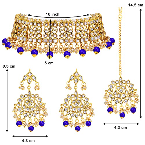 Image of Aheli Elegant Indian Faux Kundan Studded Choker Necklace with Maang Tikka Set Ethnic Wedding Wear Bharatanatyam jewellery set Gift for Women