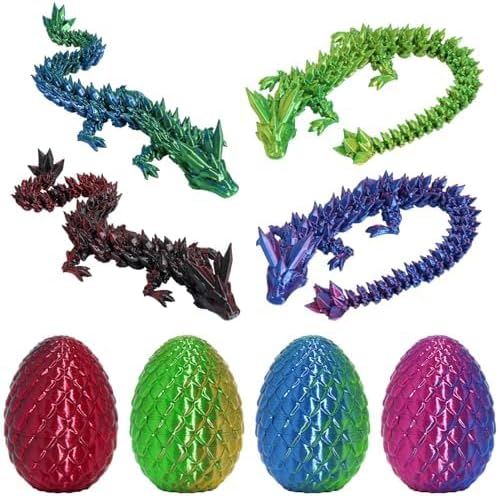4PCS 3D Printed Dragon Egg Set,Crystal Animals Egg Fidget Toy with Dragon Inside Easter Halloween for Kids (Multicolor+Dark Red)