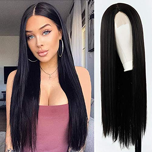 MISSWIG Synthetic Long Wigs for Women Realistic, long straight black wig middle,natural long black hair for cosplay party wigs 30 Inches