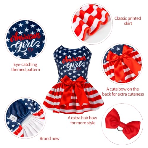 Image of CuteBone Dog Dresses Velvet 4th of July Small Dogs Clothes Onesie Pet Apparel Girl Puppy Skirt with Bow Hair Rope