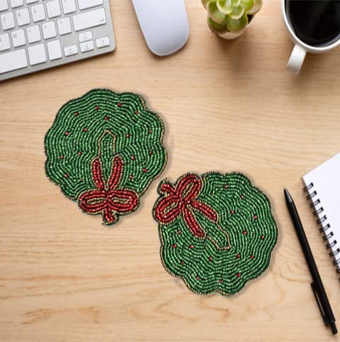 Indian-Handmade-Fully-Glass-4-Beaded-Coasters-for-Dinning-and-Coffee-Top-Table-Accessories-for-Home-Decore-and-Thanksgiving-Gift-Set-of-2-PC-Red-and-Green