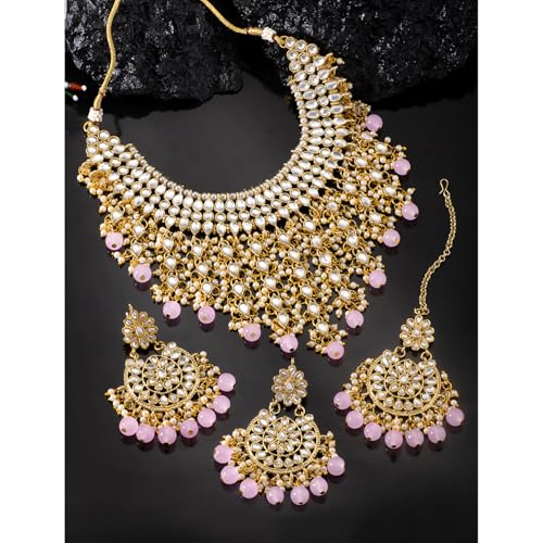 Image of Peora Kundan & Beads Studded Necklace Earrings & Maangtikka Set Ethnic Jewellery for Women & Girls