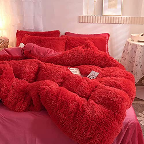 Kokgym Faux Fur Duvet Cover Set, 5 Pcs Red Plush Fluffy Luxury Bedding Cover Set, Warm Winter Shaggy Crystal Velvet Ultra Comforter Cover Queen (1 Duvet Cover+1 Flat Sheet+2 Pillowcase+1 Heart Pillow) #TOP5