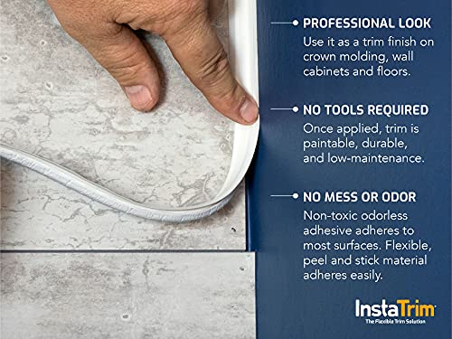 Instatrim 1/2 Inch (Covers 1/4" Gap) Flexible, Self-Adhesive, Caulk and Trim Strips for Floors, Ceilings, Countertops and More (White, 10ft Long, 2 Pack)